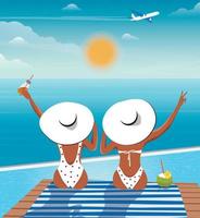 Digital illustration two girls friends are sitting by the pool in bikini and hat they are resting on vacation in the summer drink coconut and juice and meet a flying plane vector