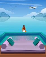 Digital illustration of a girl on vacation sitting by the pool and admiring the beautiful views of the ocean or sea vector