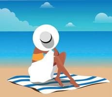 Vector illustration of a girl in a hat and bikini in the summer on vacation in a sitting position, posing and sunbathing on the sand by the ocean