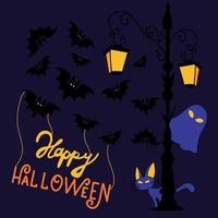 Vector illustration set banner invitation icons for happy halloween party ghost lantern on street night cat bats