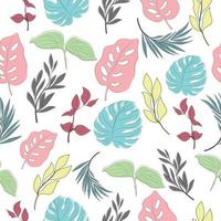 Vector illustration Pattern multicolored tropical plants leaves and flowers blue blue green yellow pink
