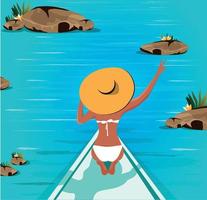 ilustración digital de una chica de vacaciones flotando en un barco vector