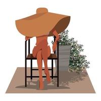 Vector illustration of a tanned girl model in a large hat with a brim sits on a chair, her face is hidden against a background of plants