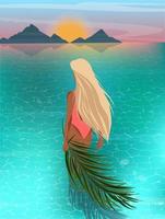 Vector illustration of a tropical mountain landscape with a girl on vacation on the beach