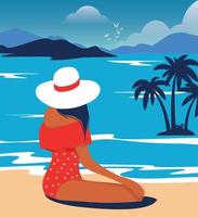 Vector illustration of a girl in a hat and swimsuit on a summer vacation sunbathing in a bikini on the beach near the sea against the backdrop of mountains and palm trees