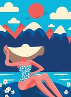 Summer flat illustration of a girl in a hat on vacation on the beach against the backdrop of a mountain landscape Summer vacation or luxury vacation. Flat vector illustration