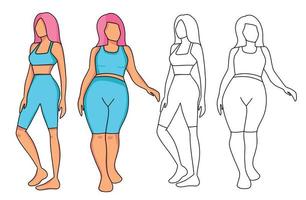 dos chicas de diferente figura delgada y cuerpo positivo dos vistas contorno negro e ilustración en color vector