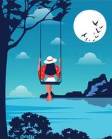 Vector illustration of a bright blue landscape of nature and vacation on vacation girl swinging on a swing rejoices at the big moon