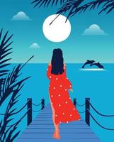 Vector illustration of a girl in the summer on vacation in the tropics walks along the pier bridge and meets the sunrise and sunset against the backdrop of beautiful jumping dolphins in the ocean