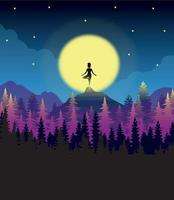Vector illustration of a bright saturated natural evening night landscape a girl is engaged in yoga and meditation on a mountain against the backdrop of a large bright moon