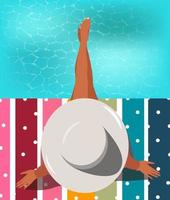 Digital illustration of a tanned girl on vacation in the tropics in a hat sitting in the pool vector