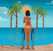 Digital illustration of a girl in the summer on vacation in the tropics in a villa surrounded by palm trees goes to swim and sunbathe in the pool vector