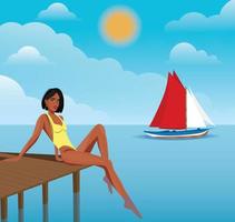 Digital illustration of a girl in summer on vacation sits on a pier in the sea ocean on the background of a sailing boat vector