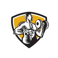 Athlete Lifting Kettlebell Dumbbell Crest Woodcut vector