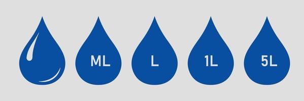 Set of drop fluid. Volume in liters and milliliters. Cookbook infographic. Culinary metric. Vector illustration