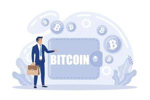 Bitcoin wallet. Modern earnings and savings. Electronic money is issued in a leather wallet. flat vector modern illustration