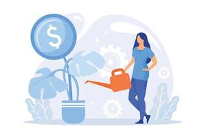 crecimiento de ganancias, recaudación de fondos. mujer de negocios regando el árbol del dinero. aumento de ingresos, aumento de ingresos, idea de alfabetización económica elemento de diseño creativo. vector