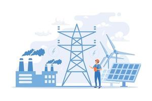 Engineer choosing power station with solar panels and wind turbines. Alternative energy, green energy technologies, eco-friendly energetics abstract concept. flat vector modern illustration