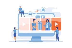 chat de video, alojamiento en Internet. Análisis de las tendencias del mercado. narración visual, tendencia de diseño llamativa, mejor concepto de comunicación visual. ilustración moderna de vector plano