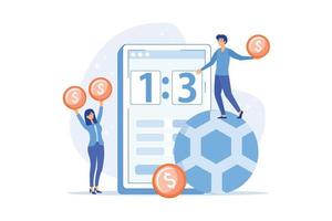 Tiny people, businessman betting on football and bookmaker at big smartphone with score. Sports betting, bookmaker market, sports wagering concept.  flat vector modern illustration