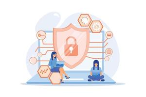 ingeniero de privacidad en una computadora portátil con escudo que mejora el nivel de privacidad de los sistemas. ingeniería de privacidad, modelo centrado en la privacidad, concepto de defensa de datos personales. ilustración moderna de vector plano