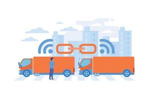 Trucks connected into platoon with connectivity technologies. Truck platooning, autonomous driving trucks, modern logistics technology concept. flat vector modern illustration