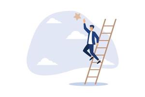 Business opportunity, ladder of success or aspiration to achieve business goal concept, ambitious businessman climbing ladder to the the top and reaching for the shining star.