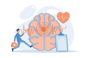 Huge brain with red circles pain epicenter and doctor running. Stroke and headache, oxygen-deprived brain and first aid concept on white background. flat vector modern illustration