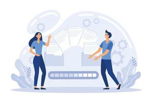 la gente envía archivos para negocios. concepto de compartir archivos, transferencia de datos, transferencia de documentación, servicio en la nube, gestión de archivos, gestión de documentos electrónicos. ilustración vectorial plana vector