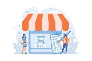 mujer haciendo compras de la lista de compras. cliente con paquete, comprando bienes. acuerdo de compra, compra en la aplicación, concepto de proceso de compra. ilustración moderna de vector plano