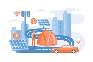 ingeniero de construcción y camino inteligente usando sensores y energía solar. construcción de carreteras inteligentes, tecnología de carreteras inteligentes, concepto abstracto de tecnología de ciudad iot. ilustración moderna de vector plano