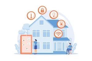 Business people controlling smart house devices with tablet and laptop. Smart home devices, home automation system, domotics market concept. flat vector modern illustration