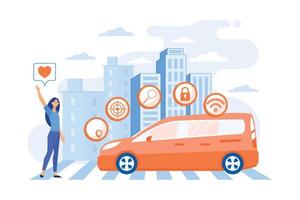 Businesswoman with heart likes using autonomos car with technology icons. Autonomous car, self-driving car, driverless robotic vehicle concept.  flat vector modern illustration