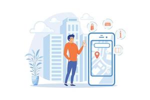 un hombre cerca de una enorme pantalla lcd con un mapa de la ciudad y etiquetas gps en la pantalla obteniendo información sobre la ciudad. centro móvil, guía inteligente, iot y concepto de ciudad inteligente. ilustración moderna de vector plano