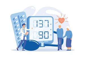 médico, pareja de ancianos con presión arterial alta en el tonómetro, gente diminuta. presión arterial alta, enfermedad de hipertensión, concepto de control de la presión arterial. vector