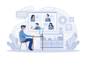 Video conference. People group on computer screen taking with colleague. Video conferencing and online communication vector concept. Illustration of communication screen conference,