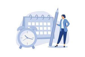 Work schedule or syllabus calendar, planning for appointment and event, project management timeline, or business deadline reminder concept, woman holding pencil with schedule calendar and alarm clock. vector