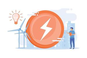 Engineer working with wind turbines producing green energy, light bulb. Wind power, renewable energy, green electricity supply concept. flat vector modern illustration