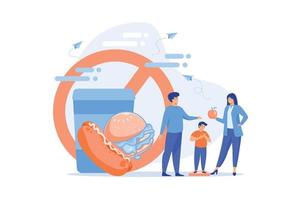 Tiny people, parents and overweight kid on scales, fast food prohibited. Child overweight, children disordered eating, kids energy imbalance concept. flat vector modern illustration