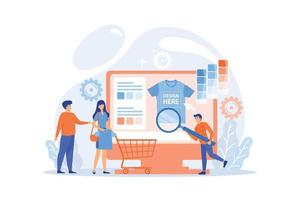 servicios de impresión de camisetas bajo demanda. diseño de prendas promocionales. ropa de merchandising, productos de merchandising personalizados, concepto de servicio de diseño de merchandising. ilustración moderna de vector plano