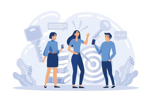 Work with business plan creation. Teamwork with idea of new project, planning startup. Business solution and financial investment concept flat vector modern illustration