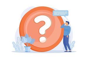 Website FAQ section. User helpdesk, customer support, frequently asked questions. Problem solution, quiz game Confused man cartoon character. vector