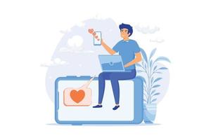 Liking photos. Man cartoon character putting likes on photos on social media page. Add to favourite. Dating website, application, chatting. flat vector modern illustration