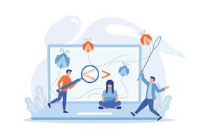 People catching bugs on the laptop screen with angle brackets. IT software application testing, quality assurance, QA team and bug fixing concept. flat vector modern illustration