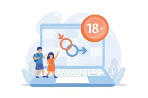 Children at laptop with adult content restriction for inappropriate video. Adult content, content notification, 18 age restriction concept. flat vector modern illustration