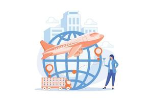 Woman check Internet store shipment. Goods worldwide shipping. Smart delivery tracking, track your orders, delivery status online concept. flat vector modern illustration