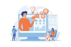 comercializador entregando anuncios con megáfono y dispositivos. marketing entre dispositivos, análisis de marketing entre dispositivos y concepto de estrategia sobre fondo blanco. ilustración moderna de vector plano