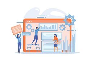 Content marketing manager, specialist, analyst work on websites for audience. Content marketing, working content, SEO optimization tool concept. flat vector modern illustration