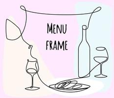 Frame for menu in line art style with a bottle of wine, a glass and a plate of spaghetti. vector