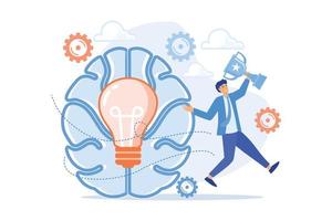 Brain with bulb and user jumps carrying cup. Challenge and move for success, confidence and winning competition, motivation and goals achievement concept. flat vector modern illistration